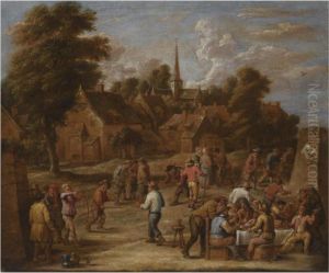 A Village Kermesse With Peasants
 Making Merry And Shooting With Bow And Arrow, A View Of A Church In The
 Background