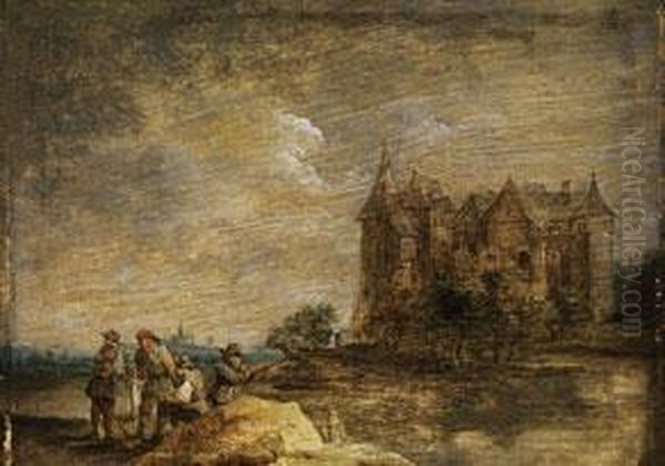 Landschaft Mit Mittelalterlichem Schlossgebaude Undfigurenstaffage - view 1
