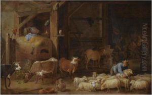 A Barn Interior With A Peasant
And His Flock Of Sheep And Cattle, Agroup Of Peasants Drinking And
Smoking In The Background by David The Younger Teniers