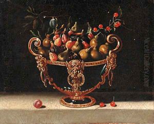 Figs, cherries and pears in an ornamental bowl