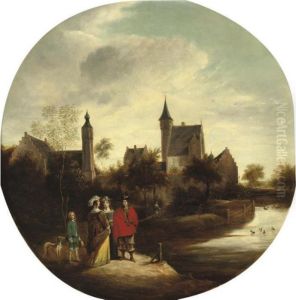 Elegant Figures In A River Landscape Near A Town