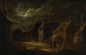 A Moonlit Village Street With Peasants And Adog