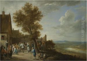 Peasants Dancing To The Bagpipes
 Outside An Inn, A Panoramicvalley Landscape To The Right