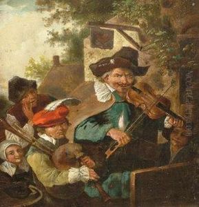 A Fiddle Player And A Boy Playing The Bagpipes Outside Atavern