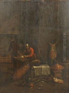 An Interior Scene With A Figure At A Tablecleaning Fish And Game