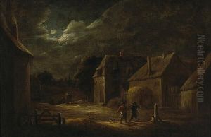 A Moonlit Village Street With Peasants And A Dog