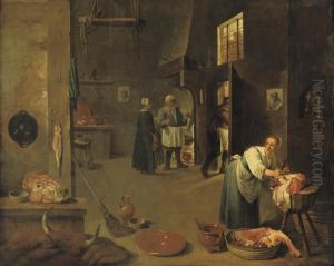 A Peasant Woman Cutting Meat In A Kitchen, Figures Conversing Neara Fireplace Beyond by David The Younger Teniers