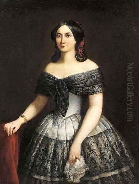 Portrait of a lady, half-length, wearing a silk and lace trimmed dress - view 1