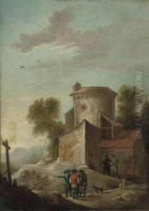 An Extensive Landscape With 
Villagers Washing In The River With A Castle Beyond; And A Landscape 
With Figures On A Path By A Tower by David The Younger Teniers