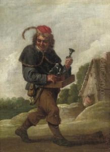 A Pedlar On A Track, Carrying 
His Goods In A Case In Front Of His Belly, A Peasant At The Door Of A 
Cottage Beyond