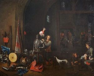 Lot 1 : Studio Of David Teniers 
The Younger, , The Interior Of A Guardroom With Militiament And Boors 
Playing Cards by David The Younger Teniers
