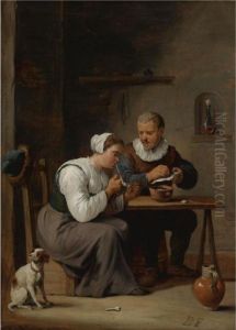 Interior With A Man And Woman Seated At A Table, The Woman Lighting A Pipe by David The Younger Teniers