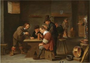 A Tavern Interior With Peasants Drinking, Smoking And Gambling
