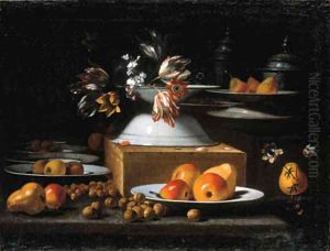 Tulips, a poppy and other flowers in a white earthenware dish by Spanish School