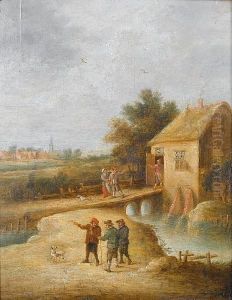A Village Inn Beside A River, Peasants With Their Dog In The Foreground by David The Younger Teniers