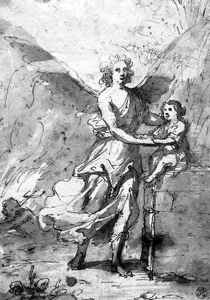 A guardian angel protecting a small boy, a devil in the background - view 1