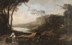 An extensive Italianate river landscape with a hermit seated by a tree reading by Spanish School