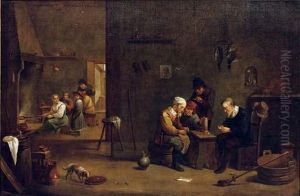 Peasants Playing Cards, Smoking 
And Drinking In An Interior, A Woman And Children By A Fireplace In The 
Background