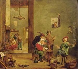Peasants Reading A Letter, Drinking And Smoking In An Inn, Figures By A Fireplace Beyond by David The Younger Teniers