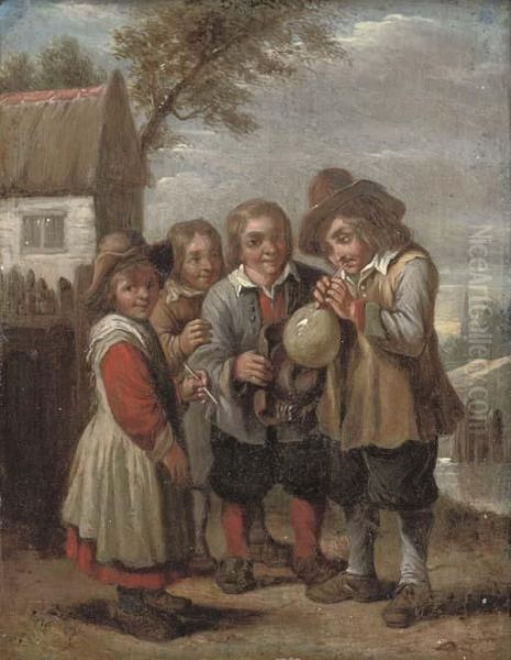 Children Blowing A Bladder - view 1