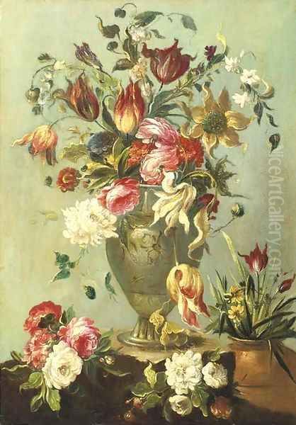 Flowers in a vase on a stone ledge - view 1