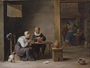 A Man And Woman Smoking A Pipe,
Seated In An Interior, With Peasants Playing Cards Beyond by David The Younger Teniers