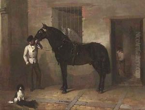 Gallardo, a bridled horse held by a groom by Spanish School