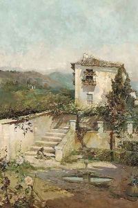 On the steps of a Spanish villa by Spanish School