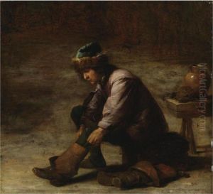 A Young Man Pulling On A Boot by David The Younger Teniers