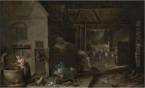 Interior Of A Farmhouse With Figures And Animals