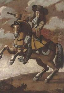 Portrait of a gentleman, full-length, on horseback, holding a baton in his right hand