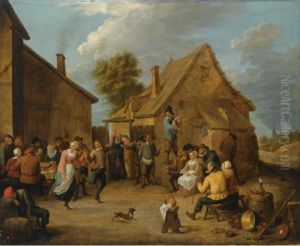 Peasants Dancing, Eating And
Drinking Outside An Inn, With A Man Standing On A Barrel And Playing The
Bagpipe To The Centre Right by David The Younger Teniers