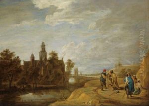 A Wooded Dune Landscape With 
Fortune-telling Gypsies And An Old Man With His Dog On A Path In The 
Foreground, A Fortified Castle With A Church And A Bridge Near A Stream 
In The Background by David The Younger Teniers