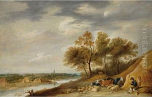 A Panoramic River Landscape With
Shepherds Resting With Their Herd On A Bank, With One Shepherd Playing
The Flute by David The Younger Teniers