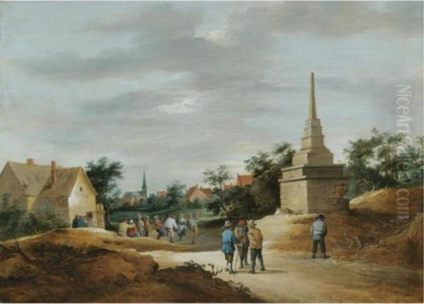 A Village Scene With Boors 
Conversing In The Foreground And Figures Dancing In The Background - view 1