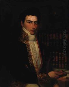 Portrait of a gentleman, seated half-length, in a tunic, holding a book in his left hand, a bookcase beyond by Spanish School