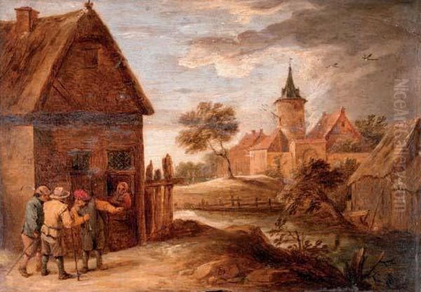 Figures Outside A Cottage, A Town Beyond - view 1
