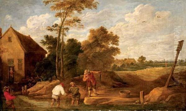 Figures Fishing In A Stream By A Cottage - view 1