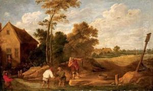 Figures Fishing In A Stream By A Cottage by David The Younger Teniers