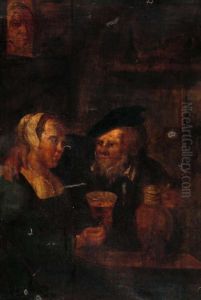 Tavern Interior With Serving Wench And Toper At A Table, As A Hag Looks On