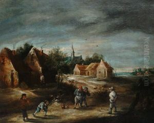 A Country Village With Peasants Playing Bowls