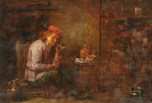 A Tavern Interior With A Young Man Seated Smoking A Pipe, Figures Playing Cards Beyond.