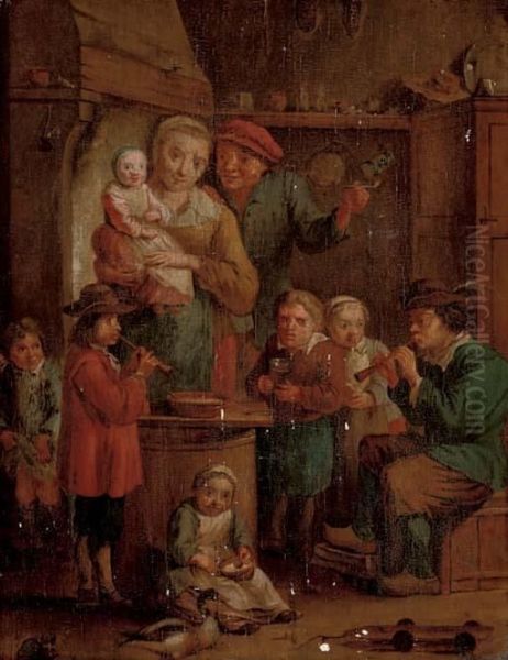 A Family In A Kitchen Interior With Two Musicians - view 1