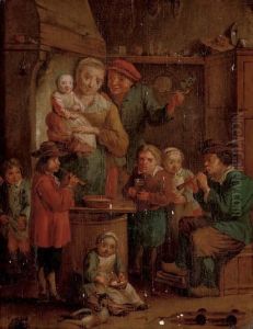 A Family In A Kitchen Interior With Two Musicians by David The Younger Teniers