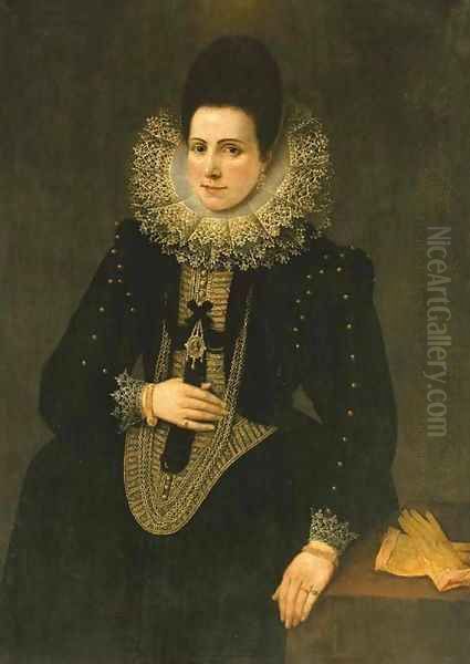 Portrait of a lady, three-quarter length, in a black dress with an elaborate lace collar - view 1