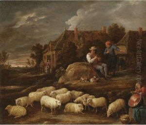A Pastoral Village Landscape
With A Shepherd Resting His Flock, A Boy Collecting Water In The
Foreground by David The Younger Teniers