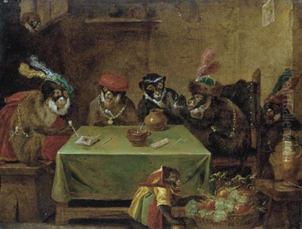A Singerie With Monkeys Smoking At A Table And A Jester Below - view 1