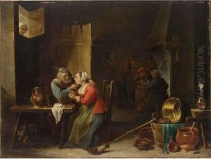 An Interior Of An Inn With An
Amorous Couple At A Table, And Figures Smoking Near A Fireplace In The
Background, A Woman Watching From A Window Above by David The Younger Teniers