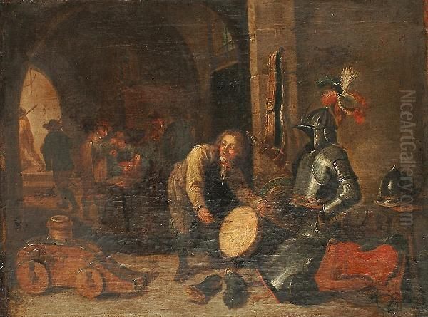 An Interior With A Young Boy Playing A Drum, A Still Life Of Armour In The Foreground. - view 1