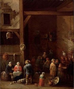 An Interior Of An Inn With A 
Woman Cleaning Turnips, A Little Girl Standing Near An Earthenware Pot 
And A Copper Bowl And Peasants Drinking In The Background